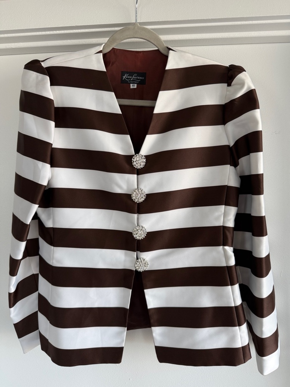 Brown & White Striped Satin Jacket with Jewel Buttons